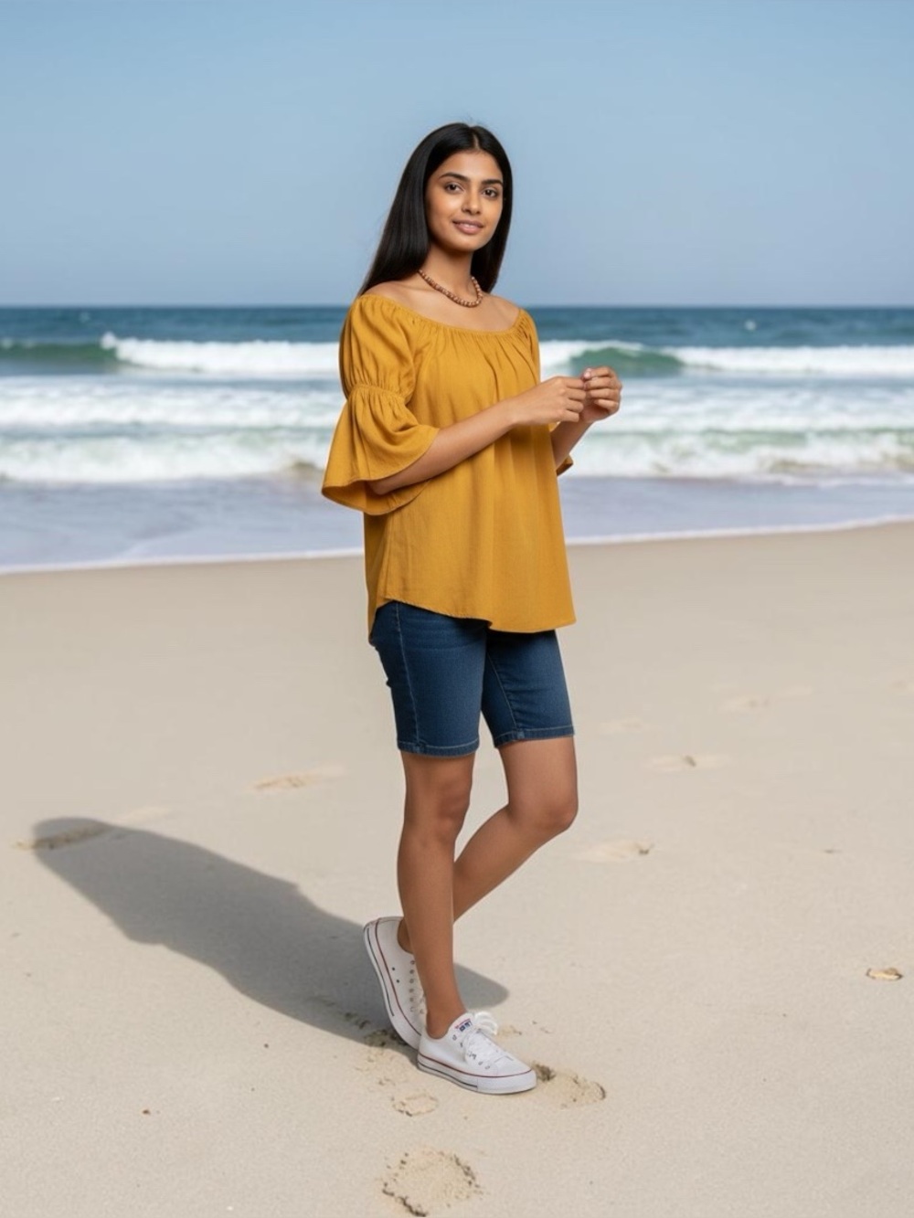 Love University Mustard Yellow Boho Tunic Top Medium Cotton Blend Flutter Sleeve